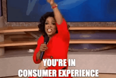 Oprah Winfrey is pointing to the audience while holding a microphone. In bold white text the words "you're in consumer experience" are at the bottom of the image.